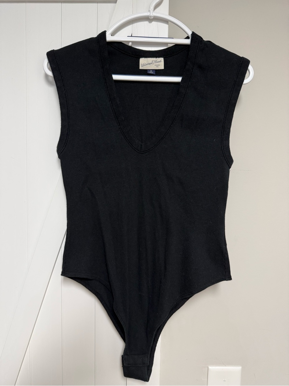 Black Ribbed V-Neck Thong Bodysuit